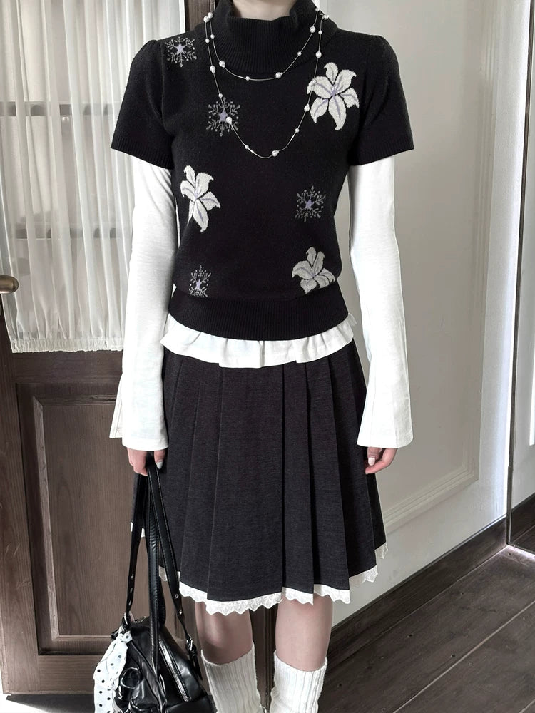 "Showa Lily" Black Knit Sweater Vest Set