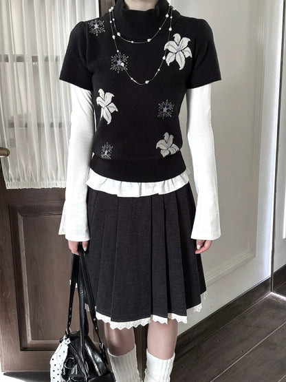 "Showa Lily" Black Knit Sweater Vest Set