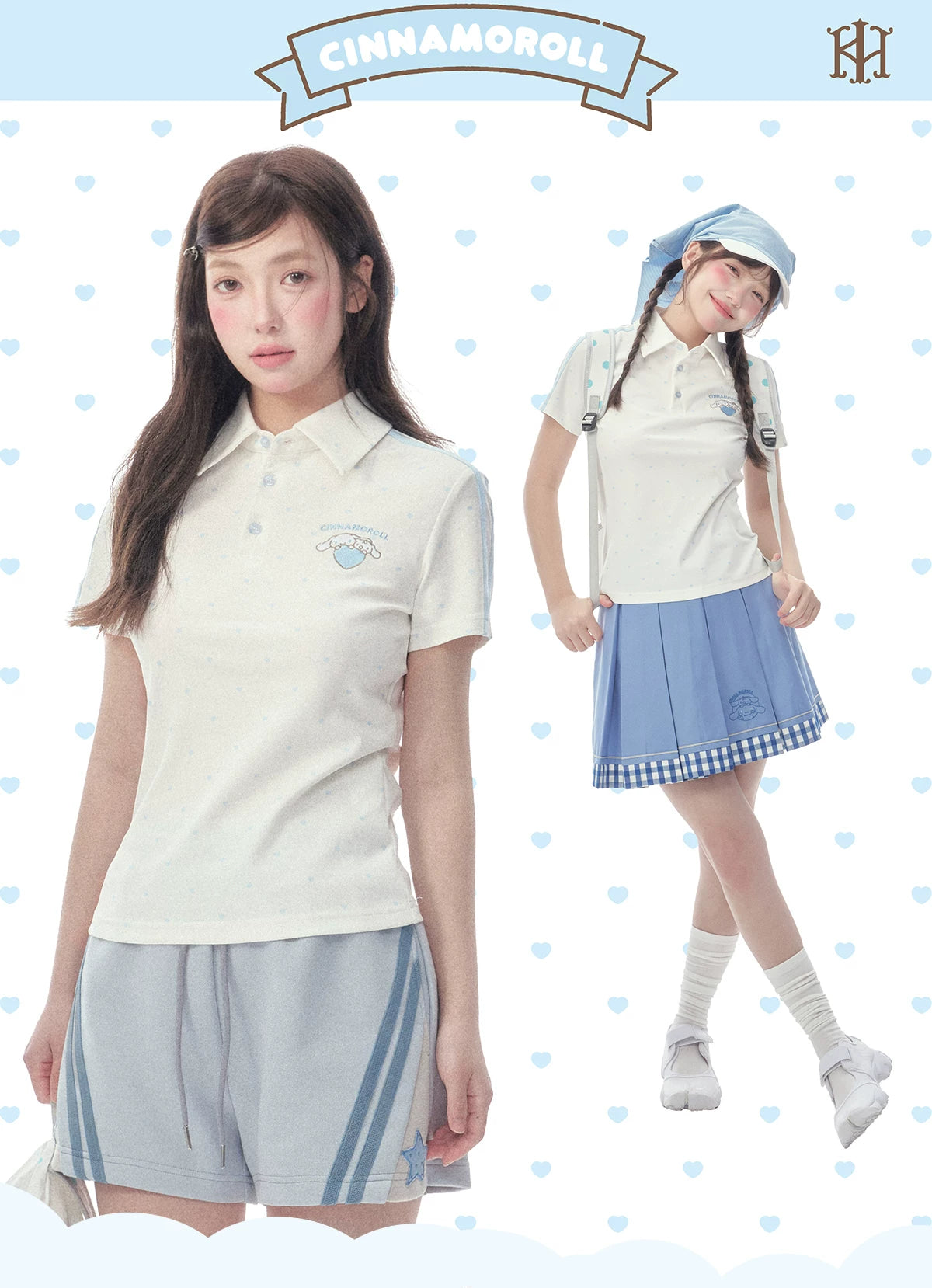 "Blue Heart Campus" Polka Dot Polo Collection (Polo Shirt / Pleated Skirt / Shorts)