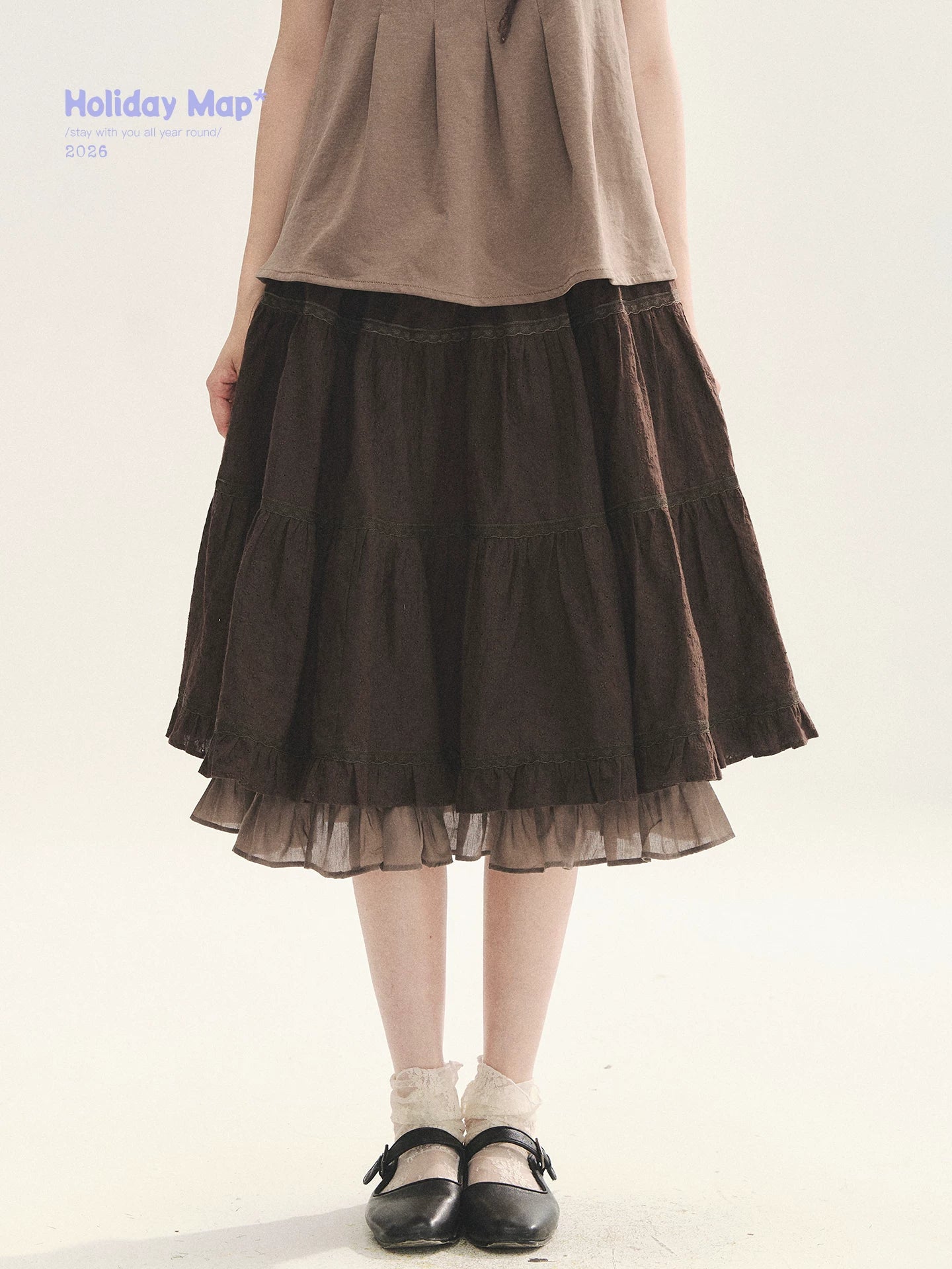 "Faded Bloom" Deep Brown Red Lace Trim Tiered A-Line Skirt