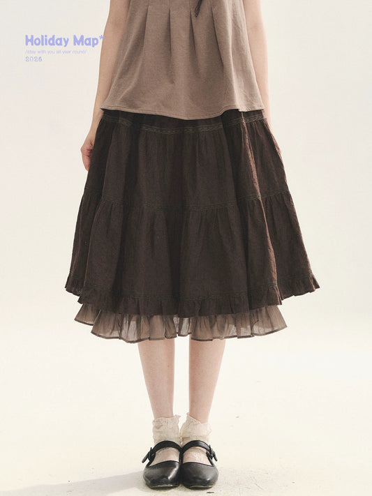 "Faded Bloom" Deep Brown Red Lace Trim Tiered A-Line Skirt