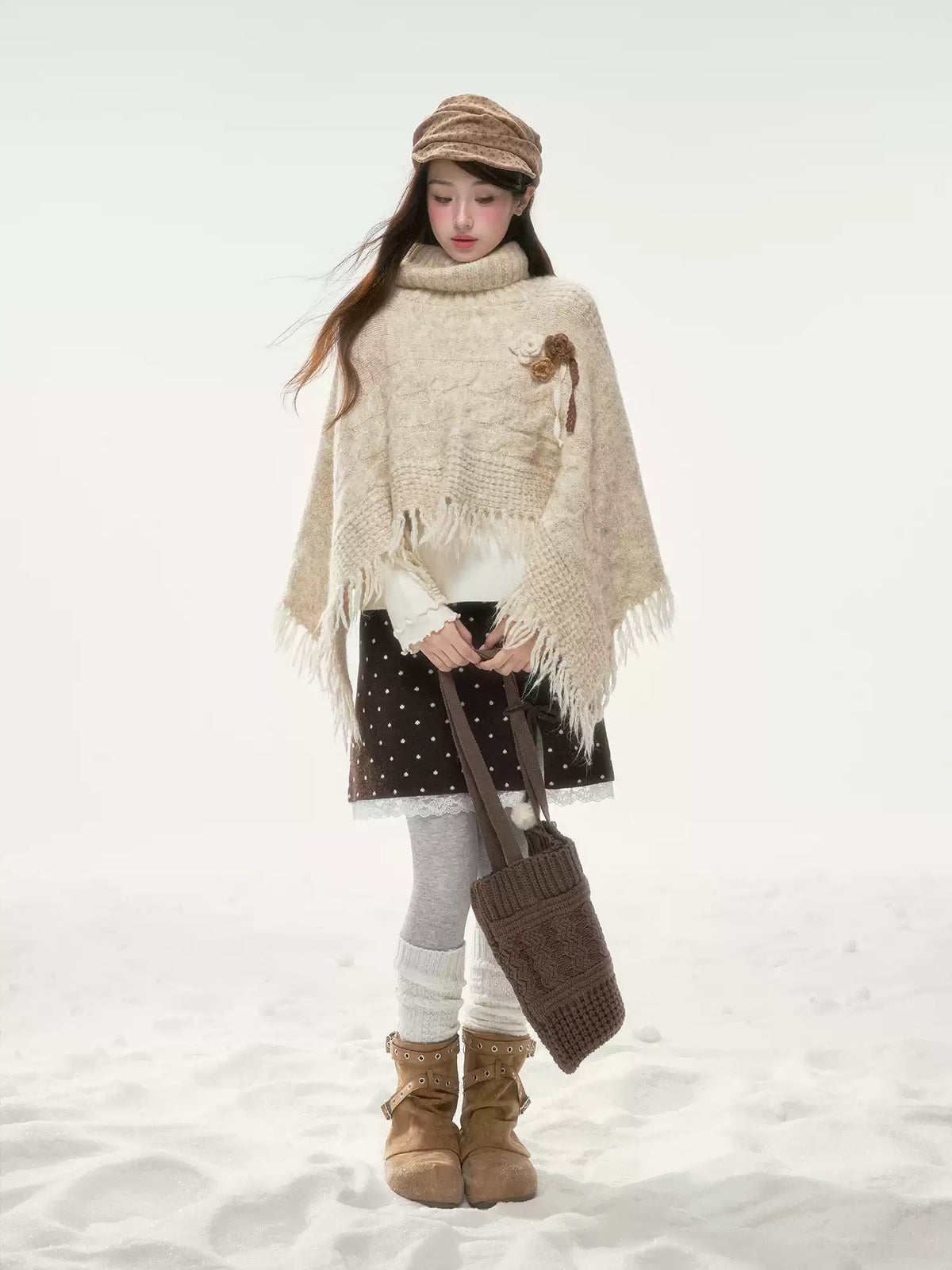 BIBIBENCY - Ivory Knit Cape Shawl with Fringe Trim