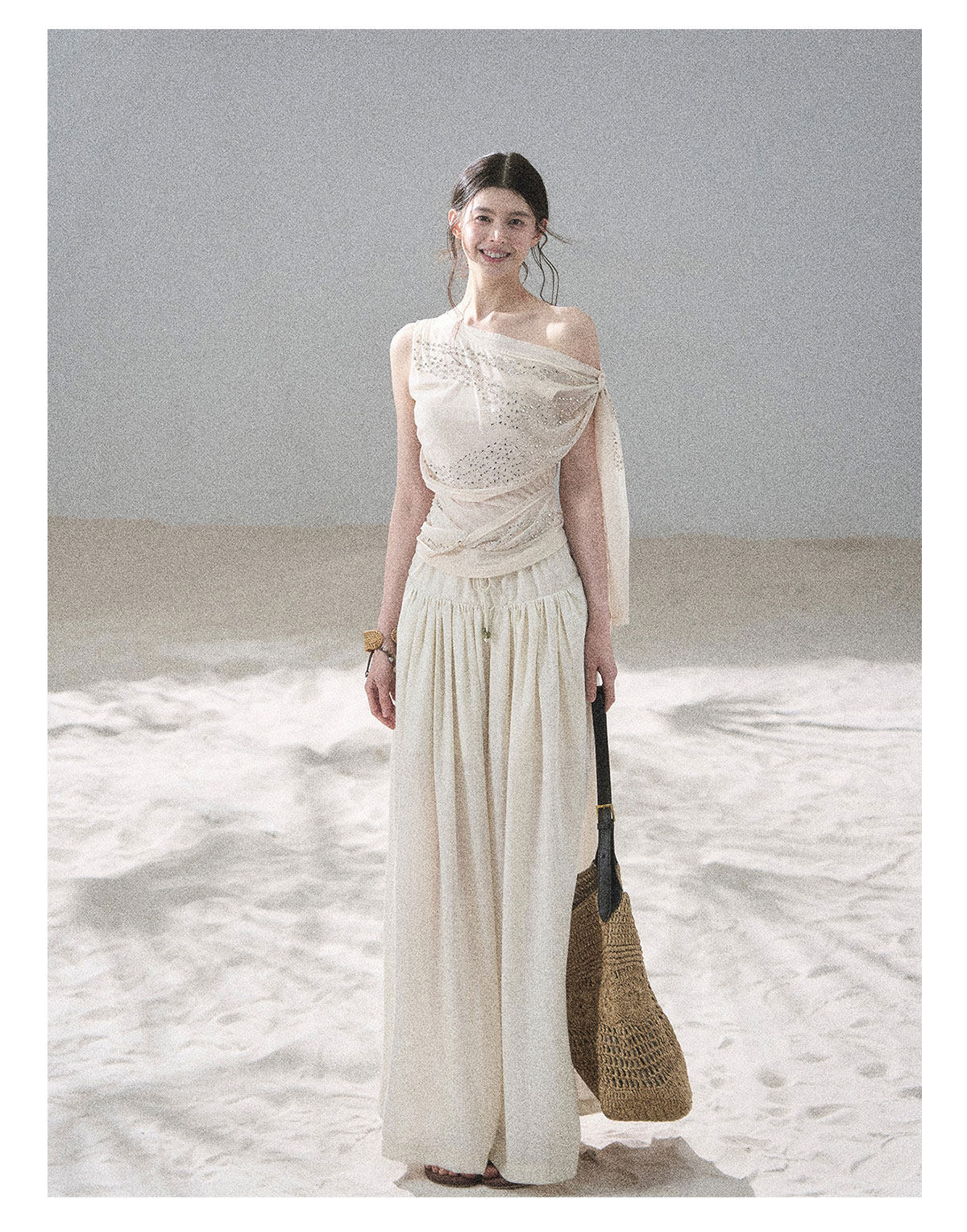 “Frosted Kiss” Milk Tea Tailored Wide-Leg Pants