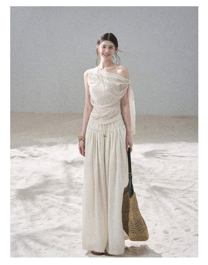 “Frosted Kiss” Milk Tea Tailored Wide-Leg Pants