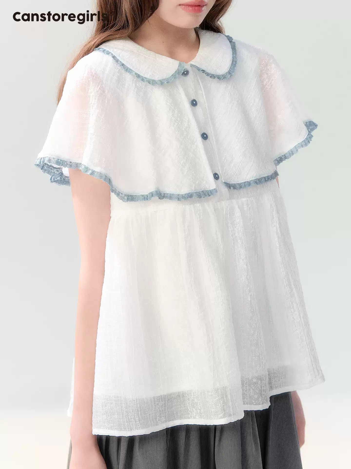 "Cloudside Letter" White Cape Collar Babydoll Blouse LL2026218