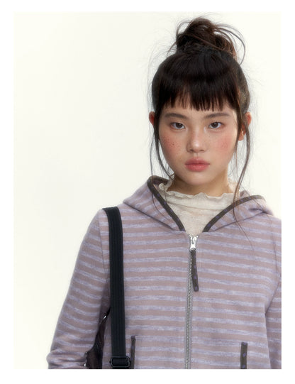 Dusty Purple Stripe Hooded Knit Cardigan