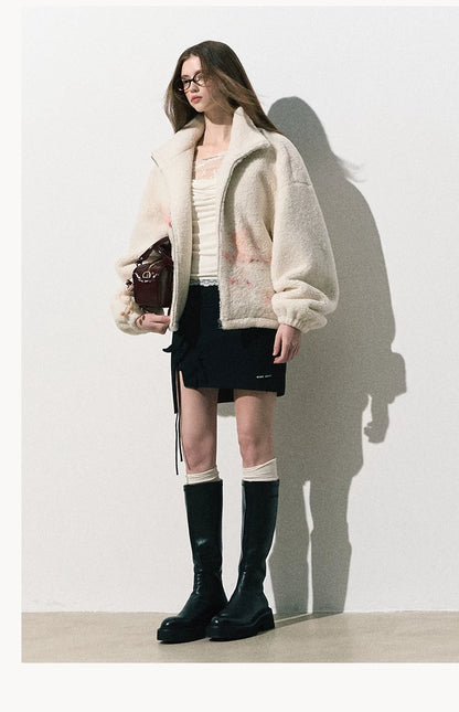 OAKMOO/ "Quiet Veins" Gardenia White Lace Knit Cowl-Neck Faux Two-Piece Fitted Top