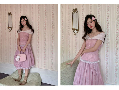 “Peach Mist Starlit Meadow” Pink Off-Shoulder Skirt Set