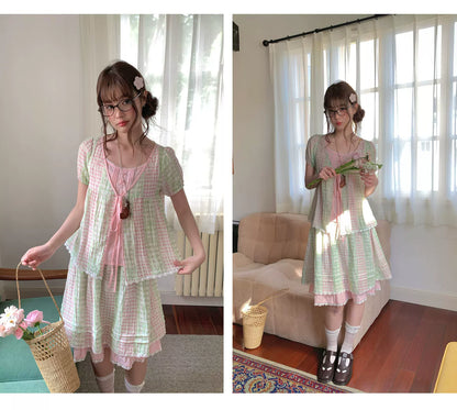 [RF] “Green Grape Picnic” Pastel Plaid Two-Piece Skirt Set