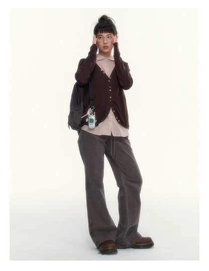 “Chestnut Book Knit” Red Brown Faux-Layered Colorful Button Cardigan