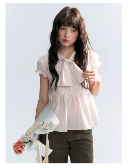 "Rosy Whisper" Dusty Pink Bow Embroidered Puff Sleeve Blouse