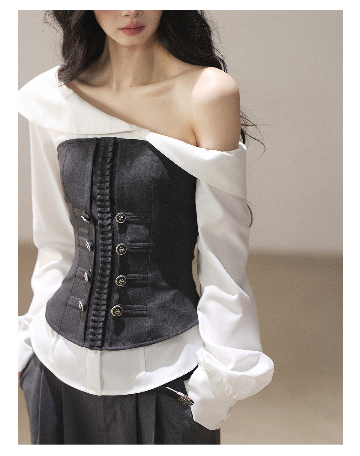 170726 "Where the Sea Breeze Finds Me" Deep Slate Bustier & Pure White Layered Shirt Set