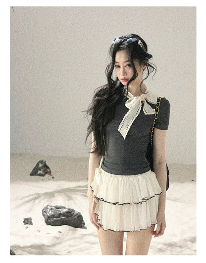 "Shadows & Soft Clouds" Slate Gray Bow Accent Crop Top