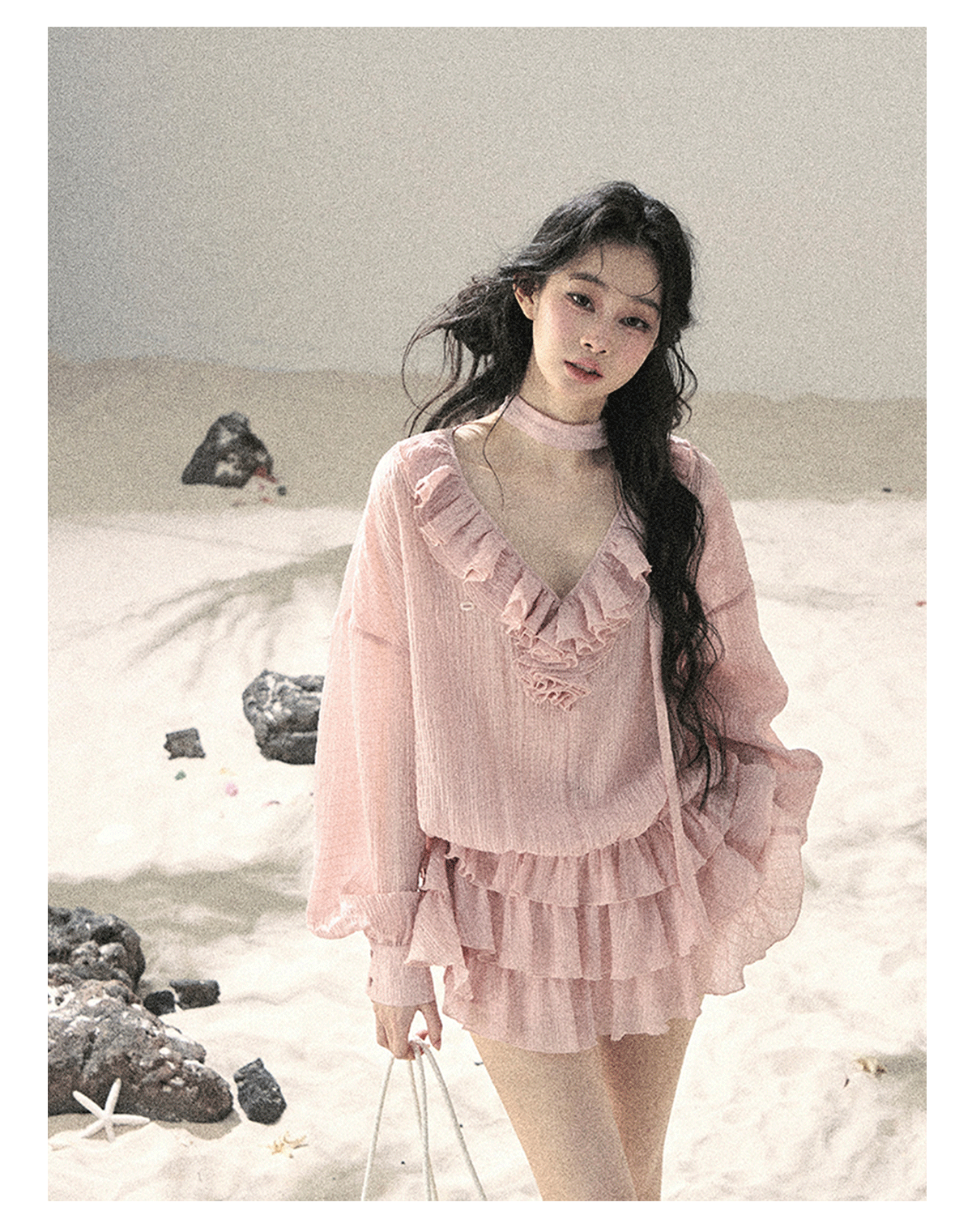“Evening Breeze Skirt” Lotus Pink Tiered Chiffon Mini Dress with Scarf Tie & Shorts