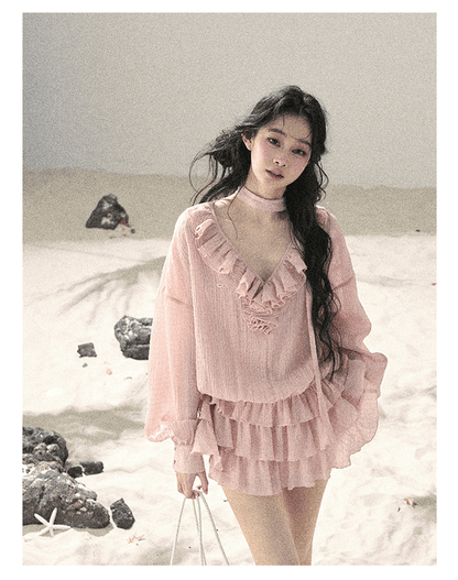 “Evening Breeze Skirt” Lotus Pink Tiered Chiffon Mini Dress with Scarf Tie & Shorts