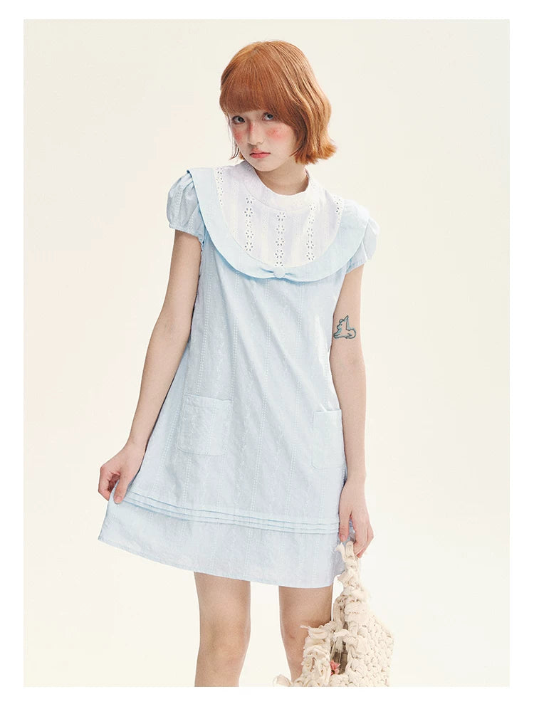 "Sea Salt Fizz" Baby Blue Cutout Embroidered Peter Pan Collar Puff Sleeve A-Line Dress
