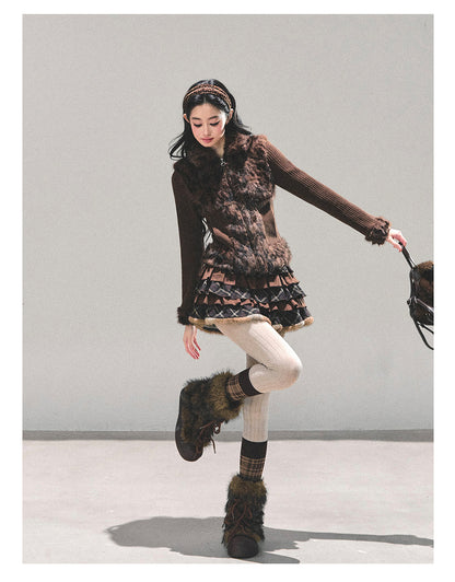 少也眼 “Melard Poem” Plaid Layered Brown Mini Skirt 8455211