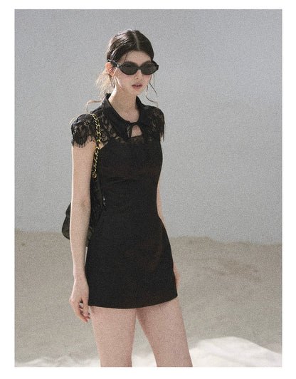 "Moonlit Rose Sonata" Tranquil Black Lace Mini Dress & Cape Set