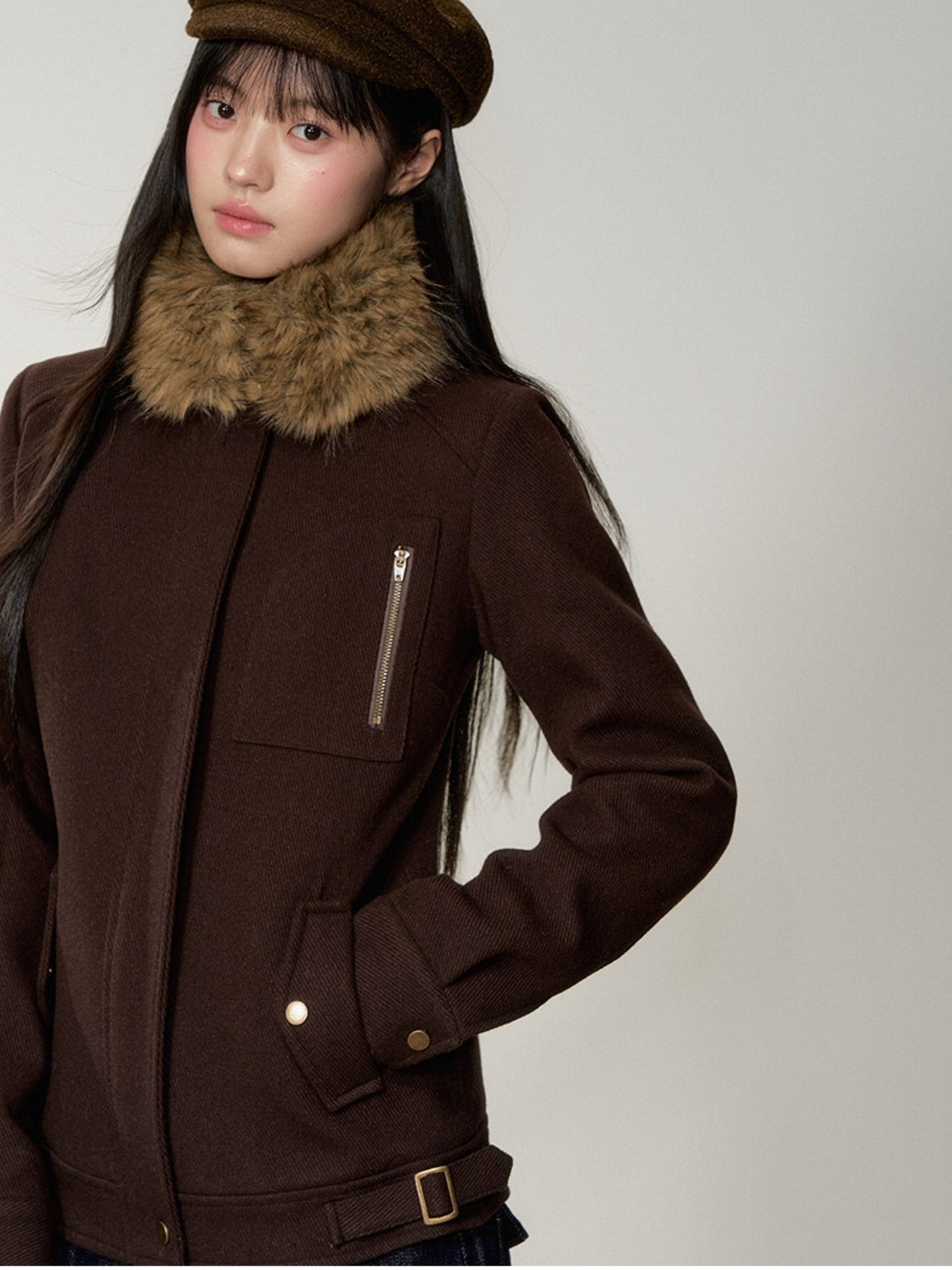 Soote Season - "Deep Roast" Twill Wool Fur-Collar Cinched Jacket
