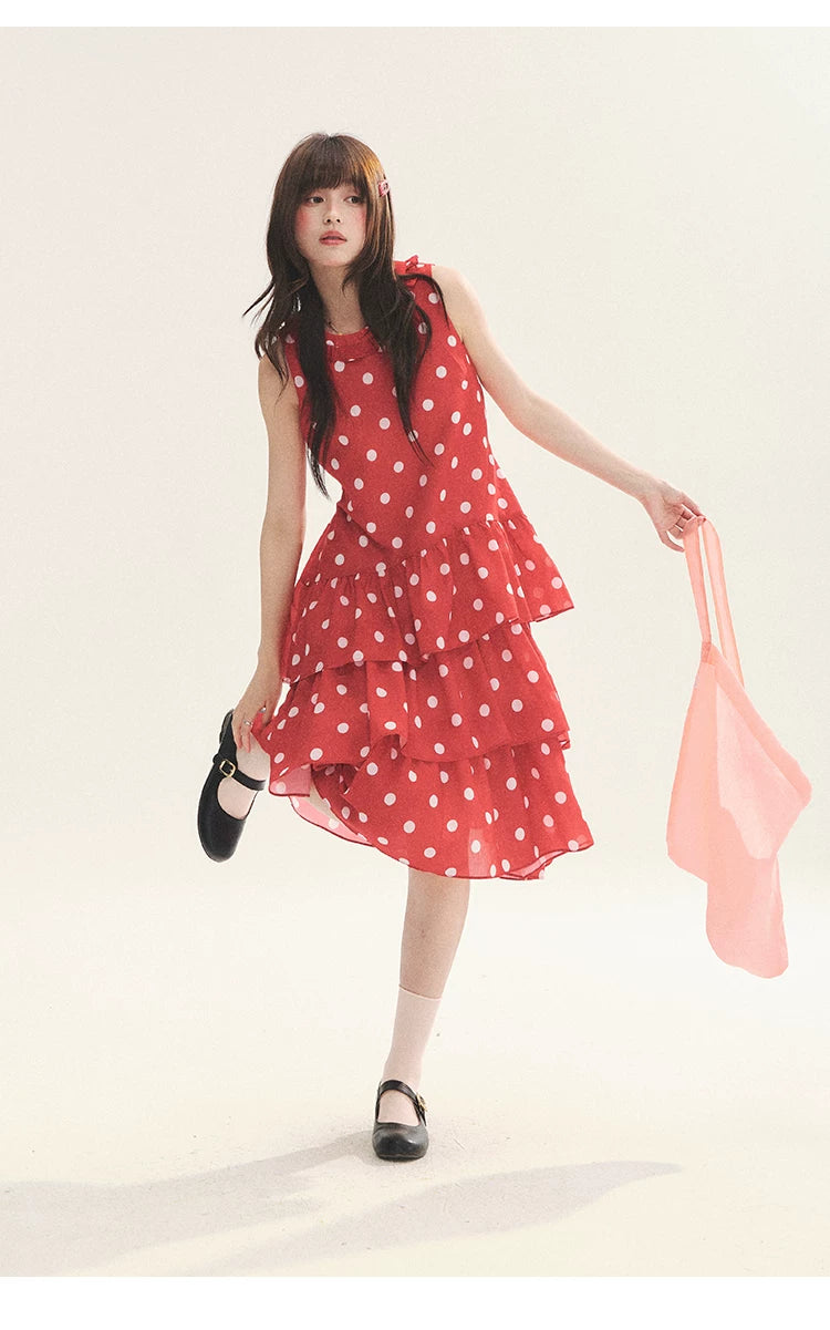 "Polka Dot Layers" Red Polka Dot Tiered A-Line Maxi Cami Dress