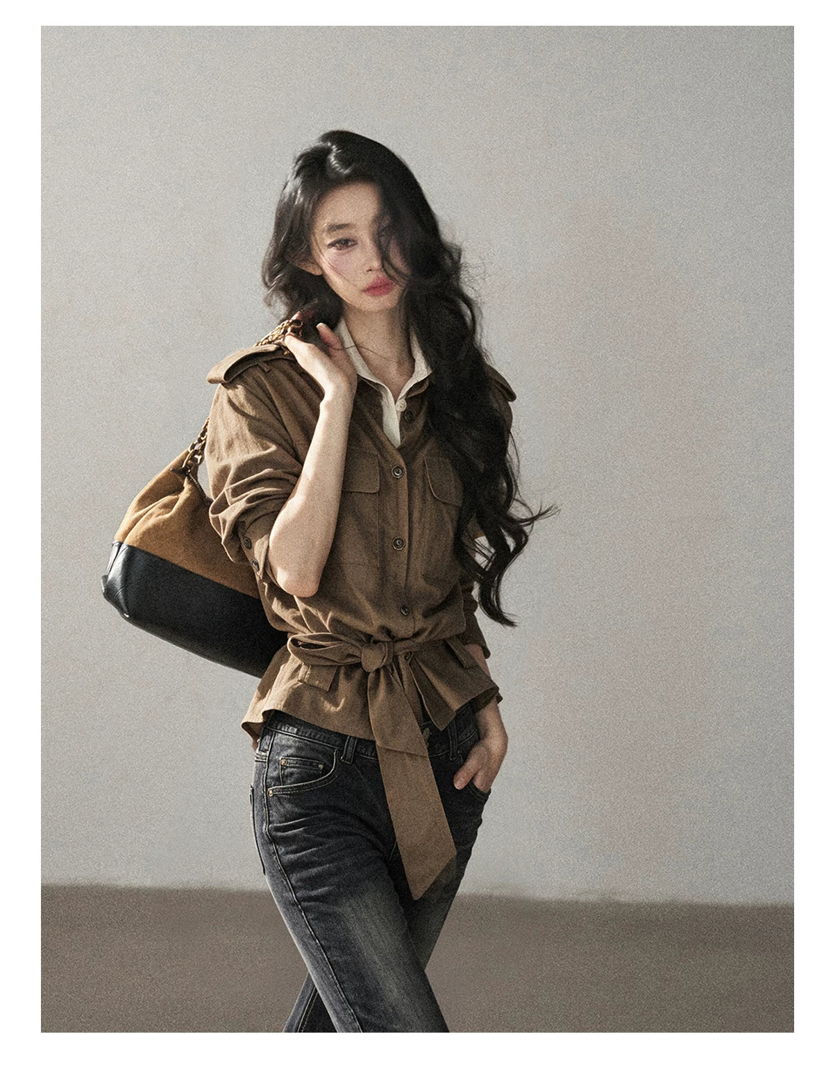 AOMALM - "The Final Chapter of an Old Dream" Roasted Pecan Brown Faux Two-Piece Linen Top with Belt