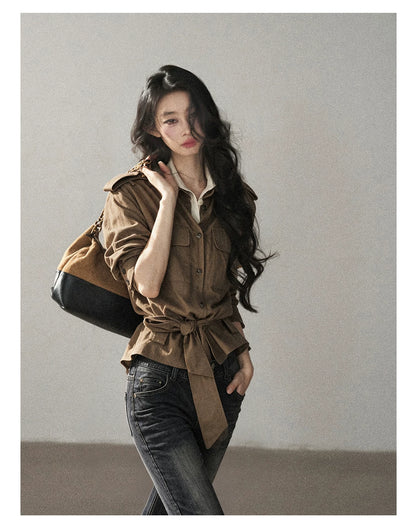 AOMALM - "The Final Chapter of an Old Dream" Roasted Pecan Brown Faux Two-Piece Linen Top with Belt
