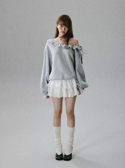 LOST FOREST - Heather Gray One-Shoulder Eyelash Lace Cotton Sweatshirt