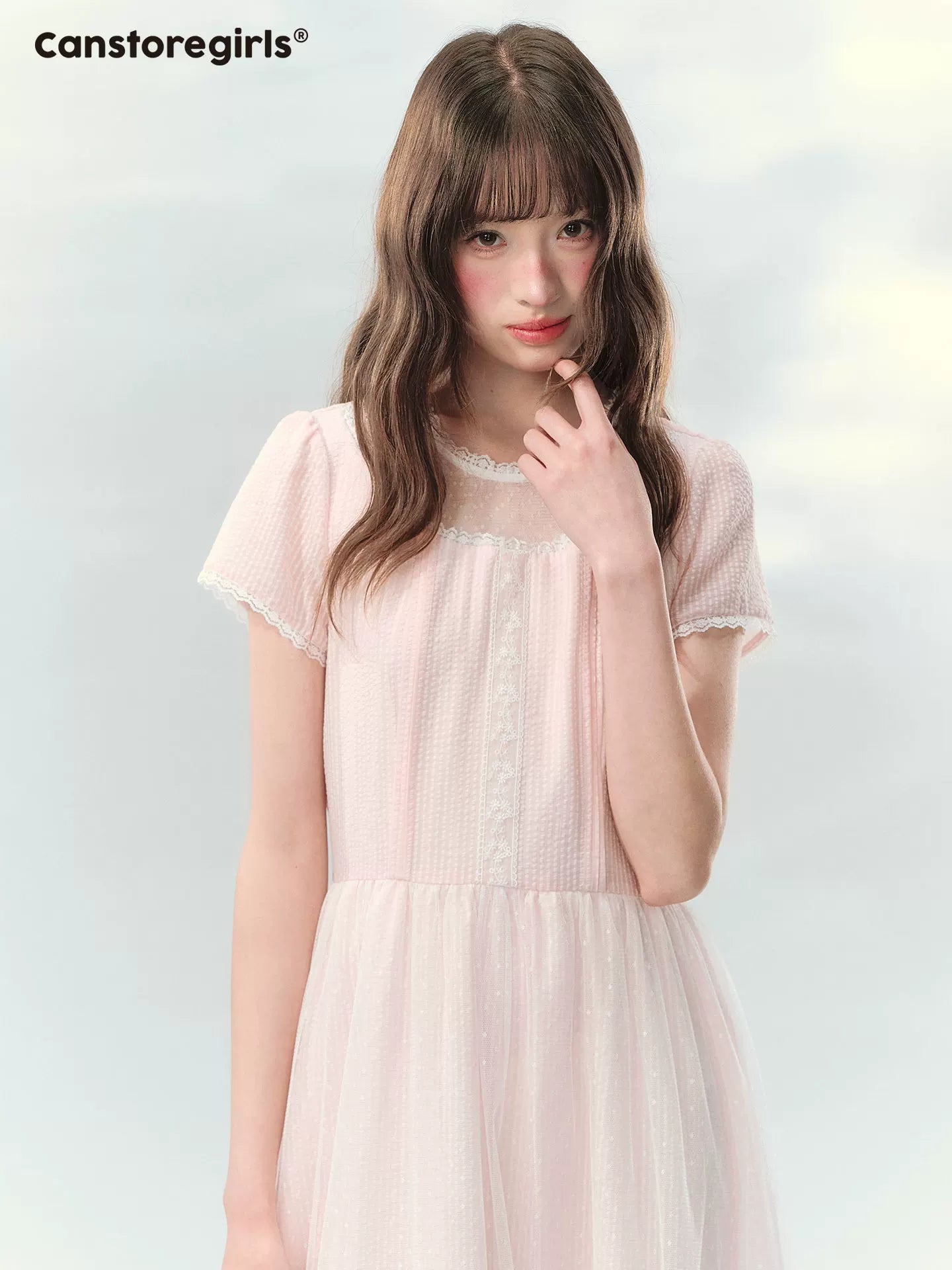 “Peach Bubble Romance” Pink Polka Dot Lace Midi Dress