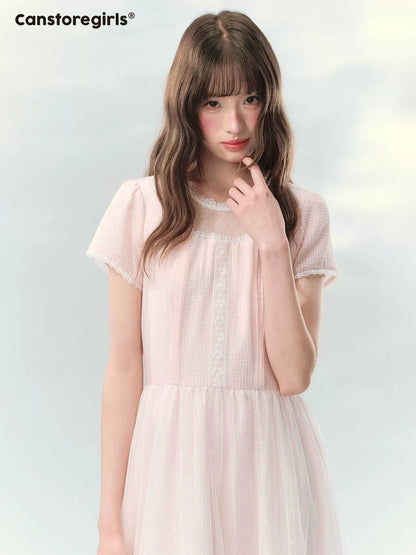 “Peach Bubble Romance” Pink Polka Dot Lace Midi Dress
