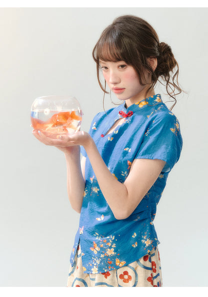 "Garden Letter" Blue Floral New Chinese Two-Piece Skirt Set
