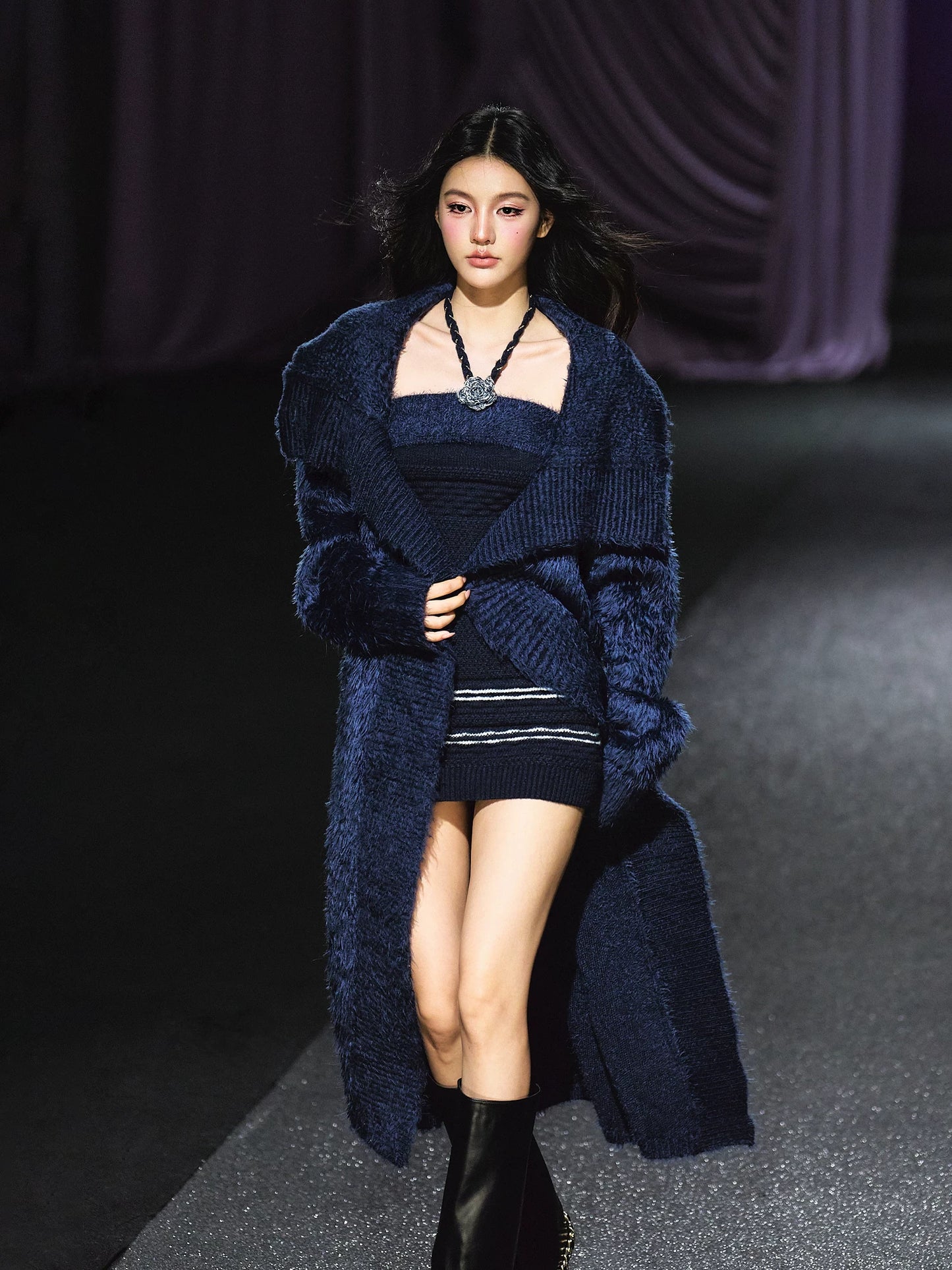 "Midnight Bloom" Navy Hand-Crochet Floral Contrast Knit Dress & Oversized Shawl Collar Knit Cardigan Set