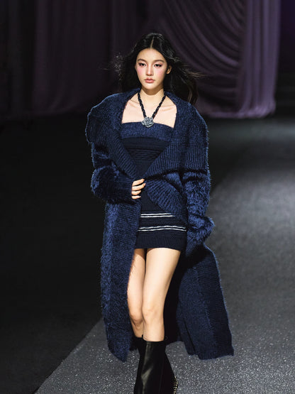 "Midnight Bloom" Navy Hand-Crochet Floral Contrast Knit Dress & Oversized Shawl Collar Knit Cardigan Set