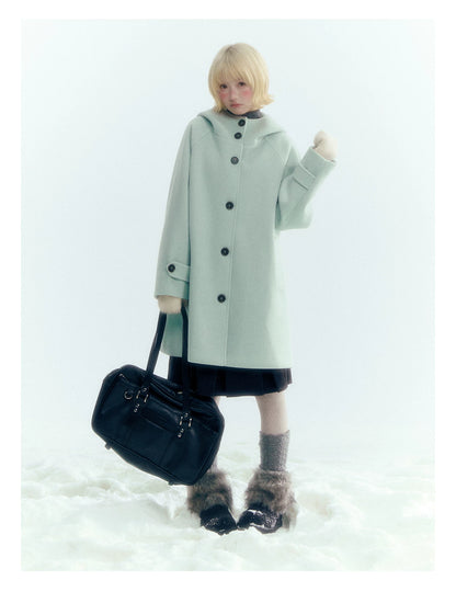 Pale Aqua Green Hooded Cocoon Wool-Blend Coat