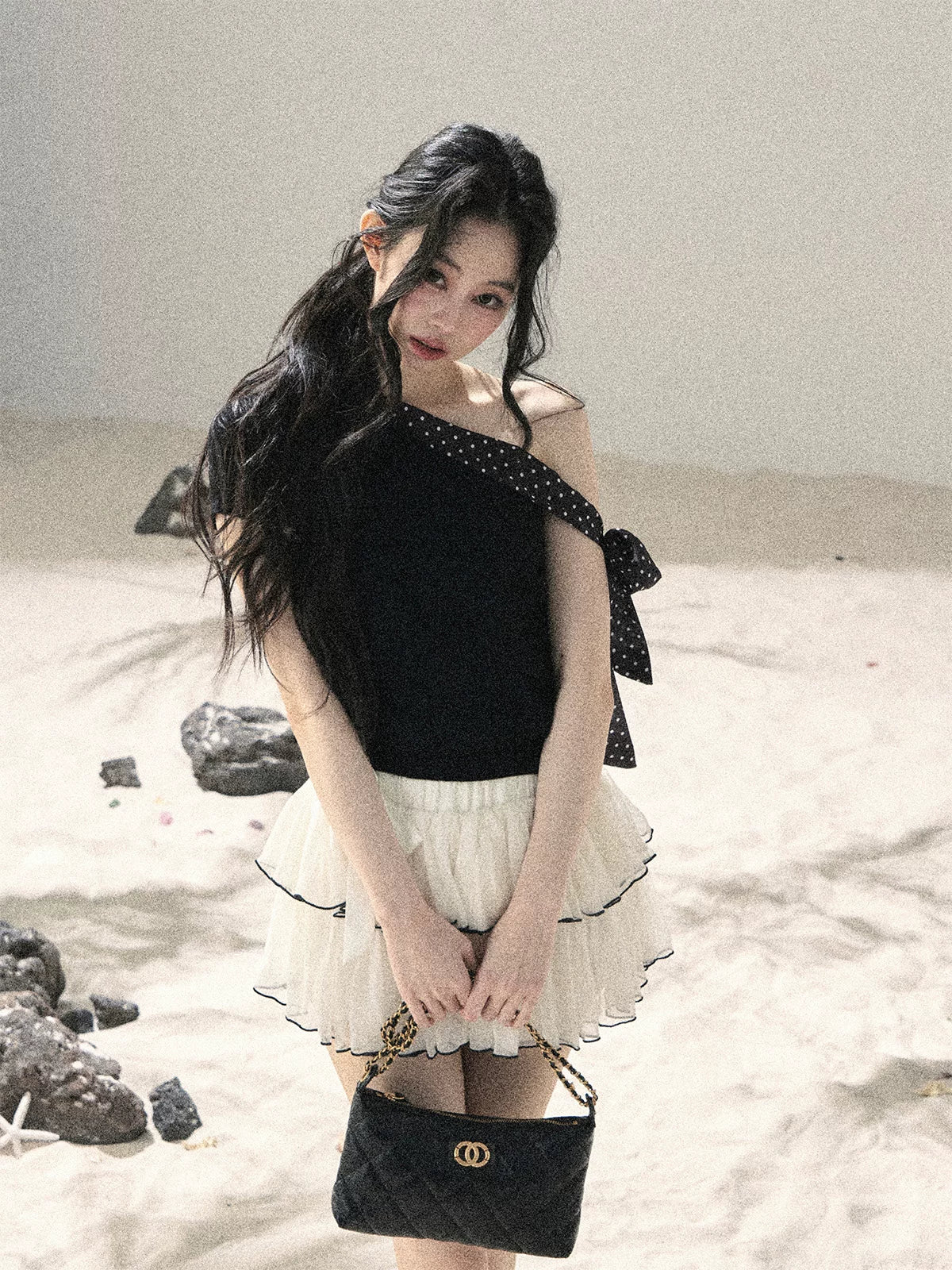 "Morning Dew & Evening Breeze" Midnight Black One-Shoulder Polka Dot Crop Top
