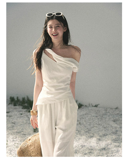 “Cloud Threads Falling at the Shoulder” Ivory Linen-Blend Two-Piece Set