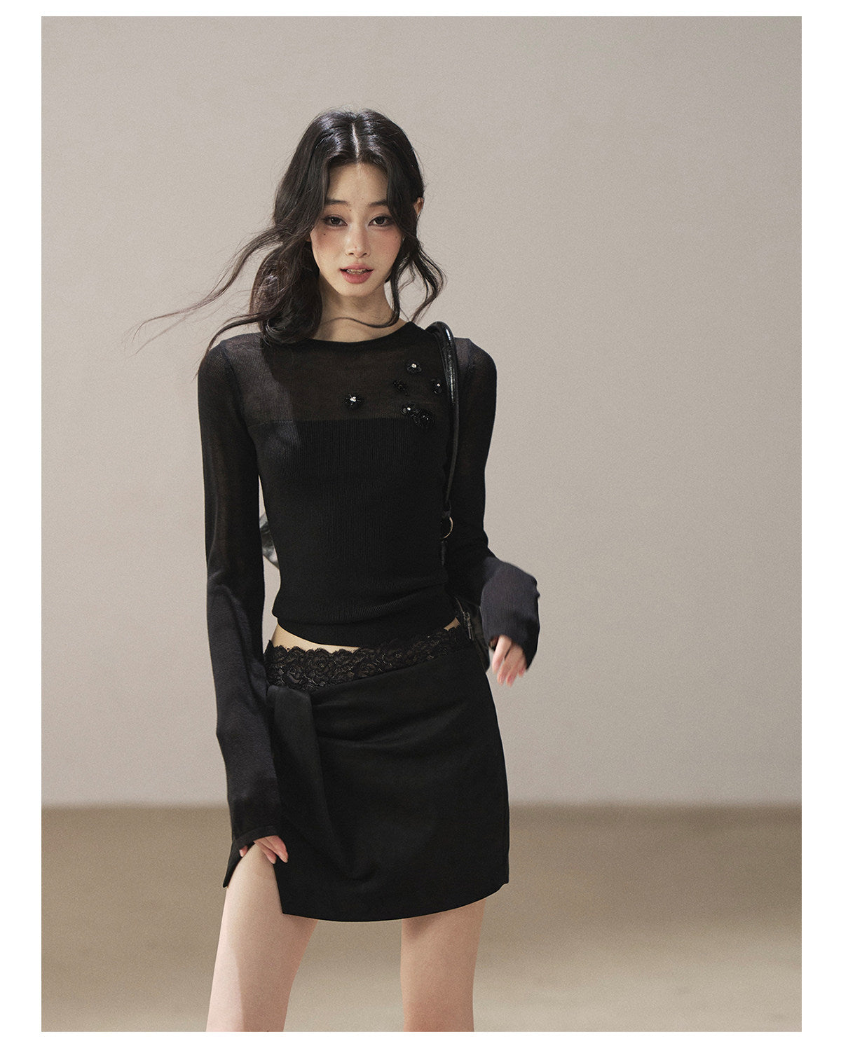 170726 "Hidden Between Light and Shadow" Tranquil Black Sheer Layered Knit Top