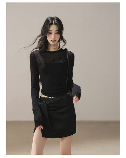 170726 "Hidden Between Light and Shadow" Tranquil Black Sheer Layered Knit Top