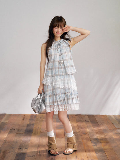 “Berry Fairytale Sonata” Misty Blue Ribbon Neck Lace Dress