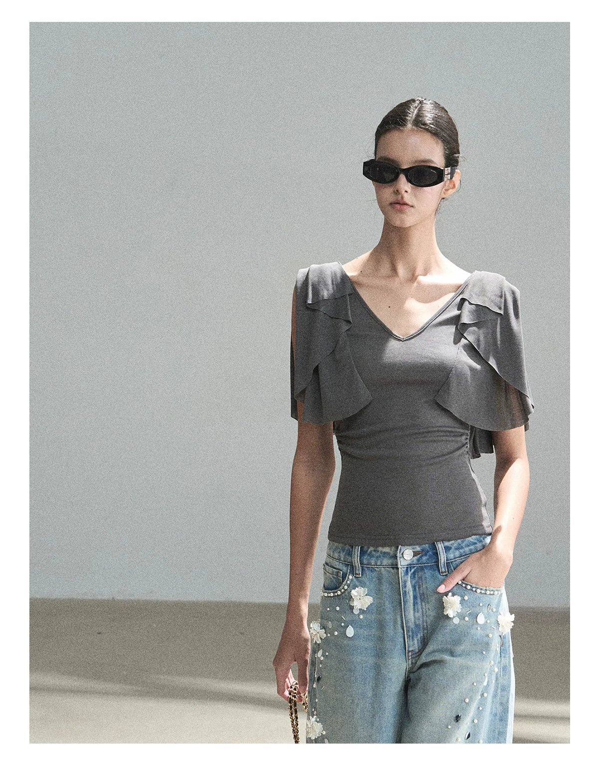 "Where Clouds Fall" Ruffle Sleeve V-Neck Crop Top (Forest Green/ Sage Gray/ Misty Blue/ Cinnamon Pink)