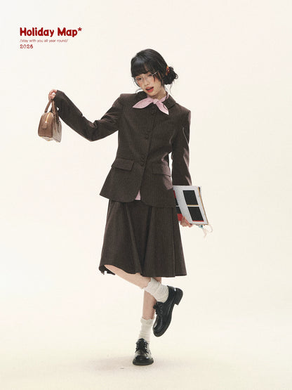 "Academy Memoir" Chocolate Brown Stripe Blazer & Pleated Skirt Set