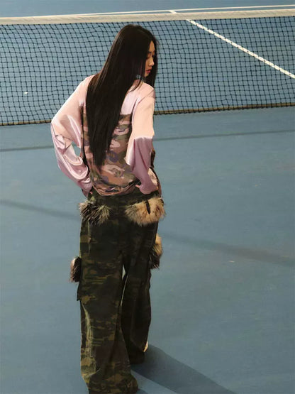 JN's DESIGN - Pink & Camo Lace-Trim V-Neck Jersey Top