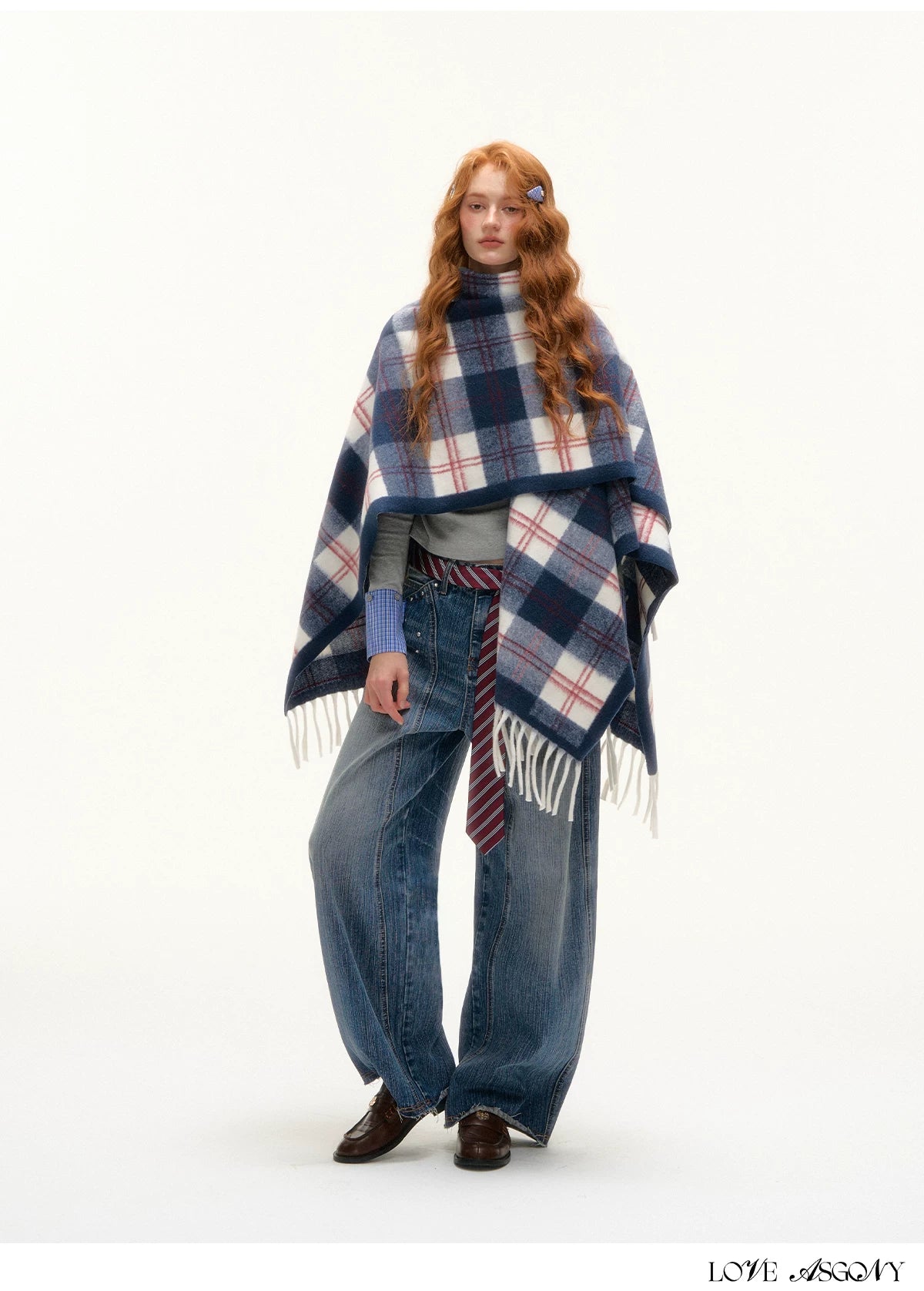 ASGONY - Navy Plaid Fringe Wrap Scarf