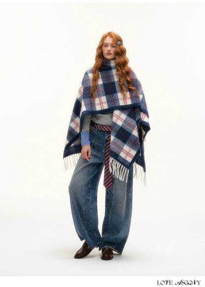 ASGONY - Navy Plaid Fringe Wrap Scarf