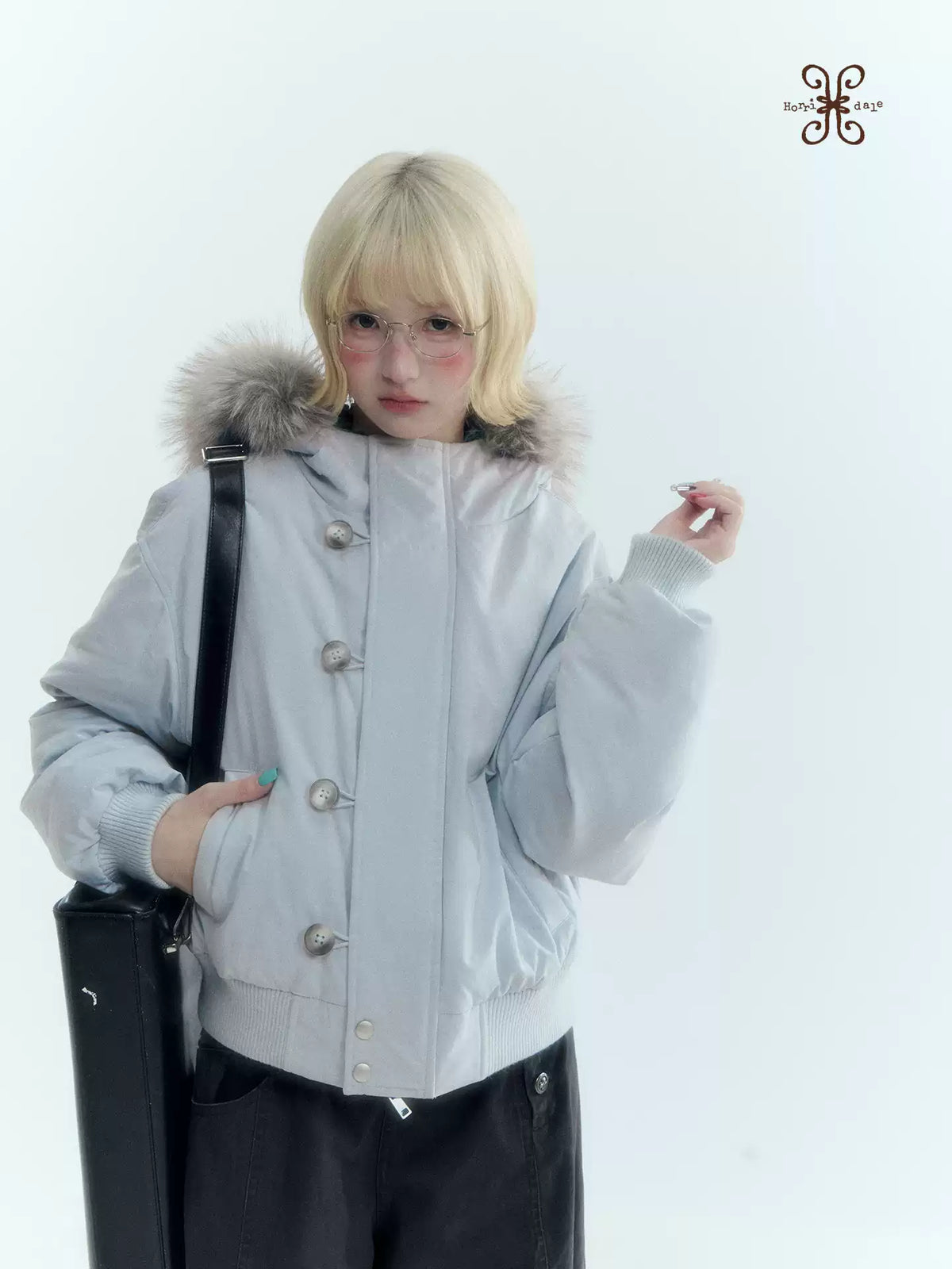 Horridale - Mist Blue Hooded Down Jacket with Detachable Faux Fur Collar