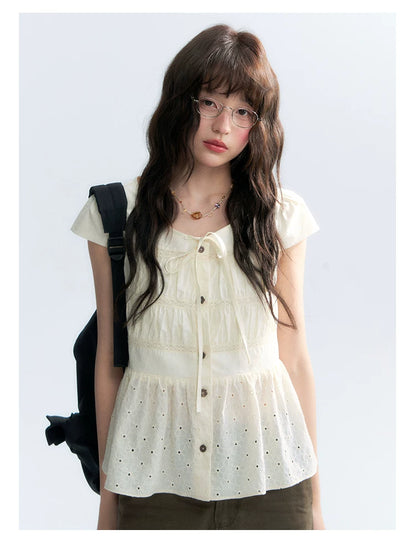 "Vintage Ribbon" Beige Bow Tie Lace Trim Blouse