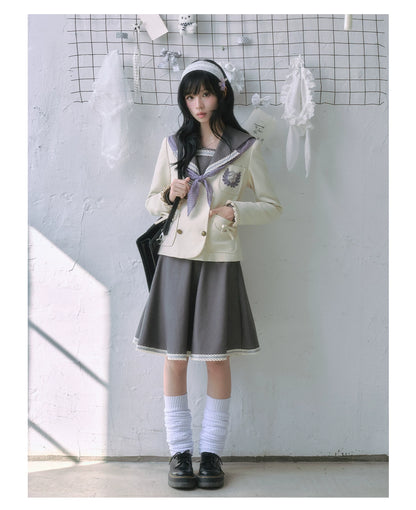 "Showa Era" Layered Uniform Collection (Collarless Blazer / Sailor Blouse / Uniform Skirt / Polka Dot Scarf)