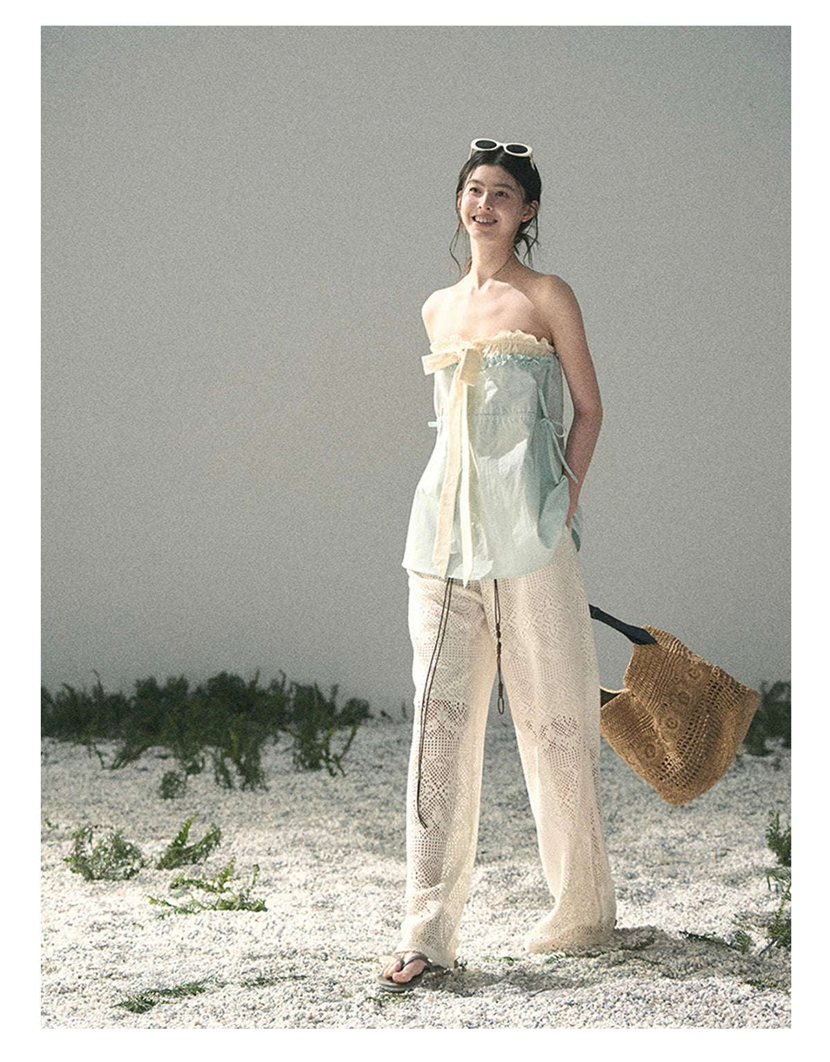 “Blue Whispers on Ivory” Mint Ruffle Bustier Top