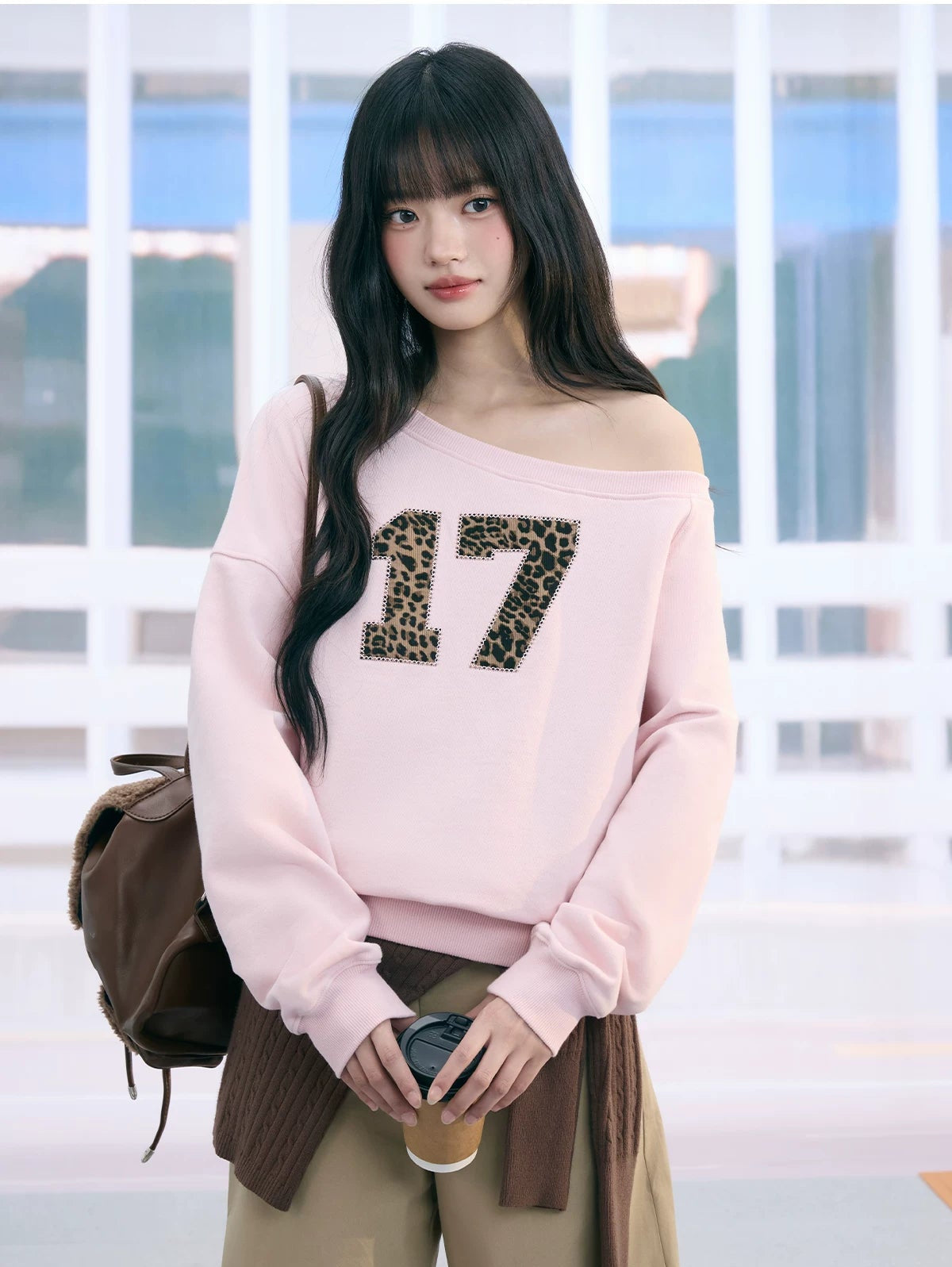 "Pink Panther Mood" Blush Pink Leopard Patch One-Shoulder Sweatshirt