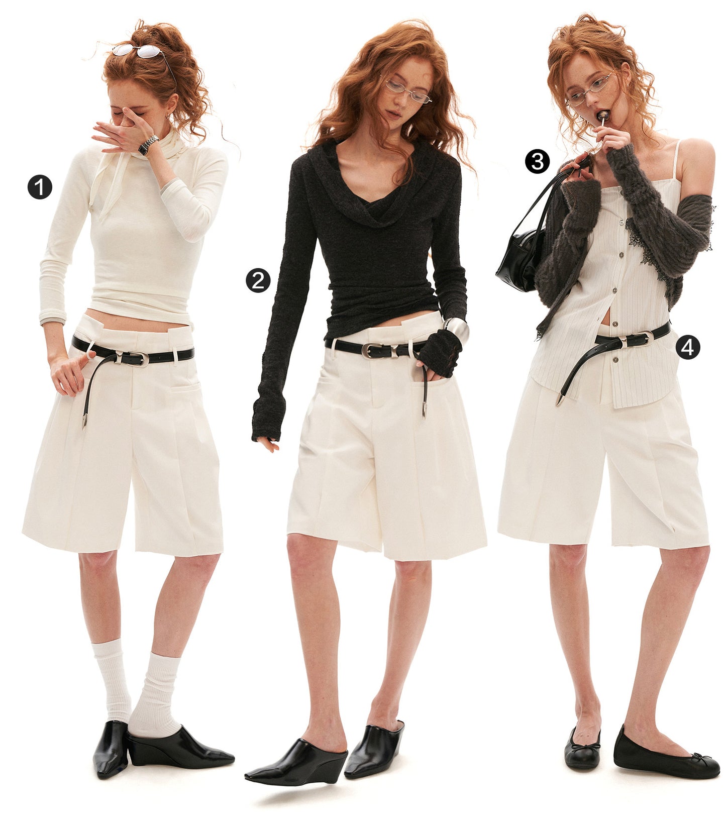 Tailored High-Waist Bermuda Suit Shorts (White / Black)