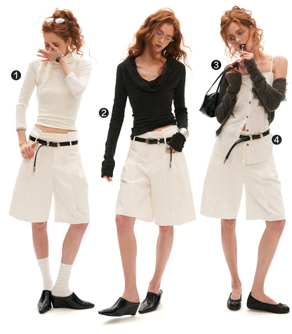 Tailored High-Waist Bermuda Suit Shorts (White / Black)